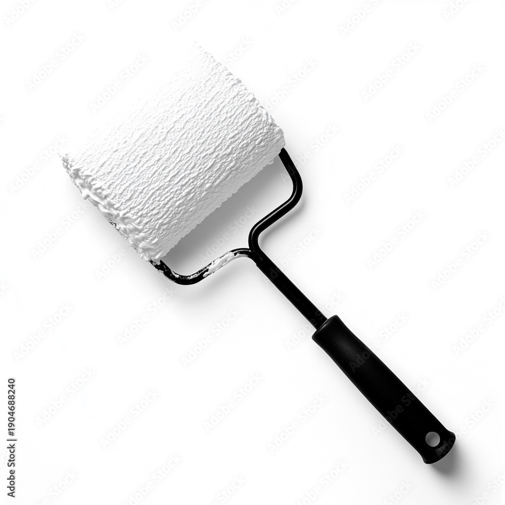 Fototapeta premium White paint roller with a black handle against a white background.