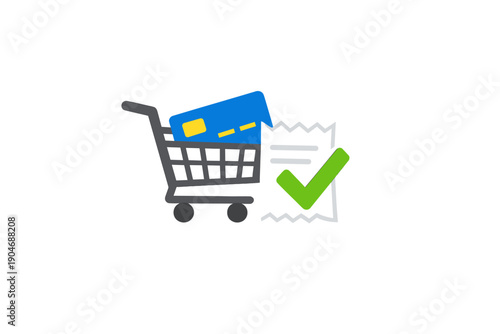 Shopping cart with credit card and receipt shows online purchase confirmation at checkout page