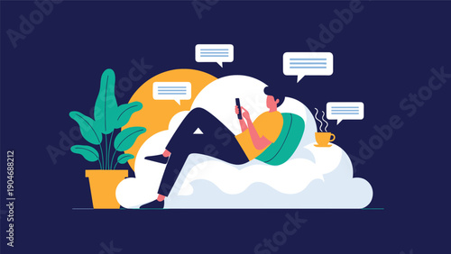 Man relaxing on a soft white cloud while using his smartphone and surrounded by chat bubbles to represent wireless cloud communication.