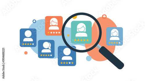 Magnifying glass focusing on various user profile cards with star ratings to represent professional recruitment and talent evaluation processes.