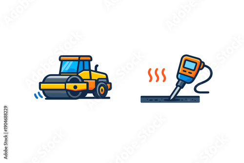 Construction equipment is used for road work and surface testing with a roller and asphalt thermometer set in a work zone during daytime hours