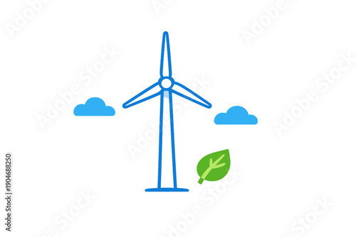 Wind turbine stands next to a green leaf under a blue sky with clouds during a sunny day