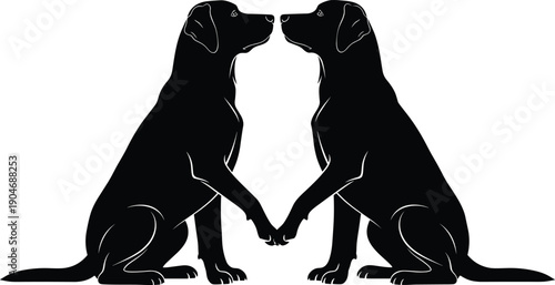 Black silhouette vector set of two labrador retriever dogs sitting and facing each other nose to nose for pet care veterinary and canine friendship concepts