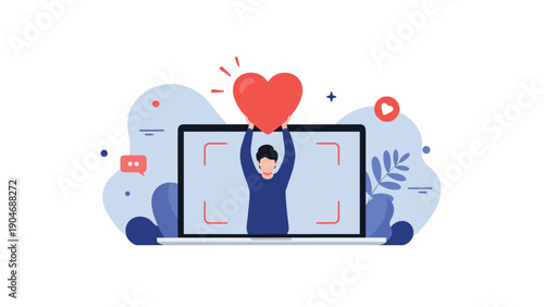 Laptop screen displaying a person holding a large red heart icon to represent digital love, likes, and social media engagement.