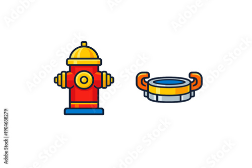 Bright red fire hydrant and metal cap sit side by side on a simple background with no distractions in a clear and clear view during daylight hours