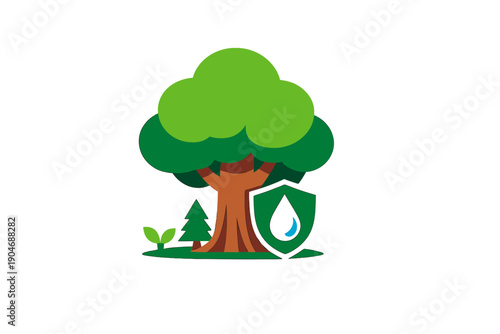 Tree with water drop symbol and shield in a simple design showing nature protection and care for the environment