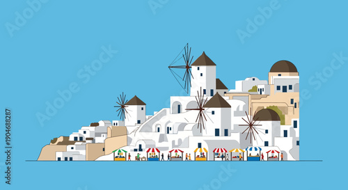 Charming Santorini village illustration with white buildings, windmills, and market stalls under a clear blue sky, evoking a picturesque Mediterranean vacation