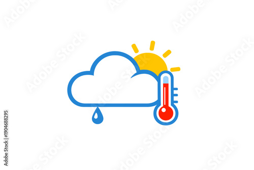Weather symbol showing a cloud with rain and a sun with a thermometer indicating temperature and conditions throughout the day in a simple graphic style