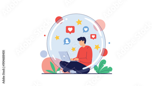 Man sitting inside a protective glass bubble while using a laptop surrounded by social media like and comment icons for privacy.