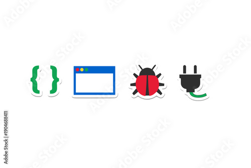 Design elements showing coding symbols, a web browser, a bug, and a plug in a simple layout at a tech-themed workspace