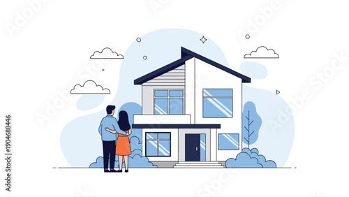 Happy young couple standing together and admiring their beautiful new modern two-story family home against a clear blue sky.