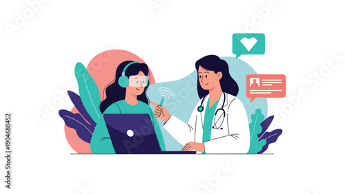 Medical professional using digital technology to explain complex health data to a young patient during a modern telehealth consultation.