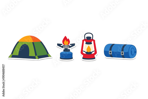 Camping gear set includes tent, camping stove, lantern, and sleeping bag for outdoor activities during summer trips