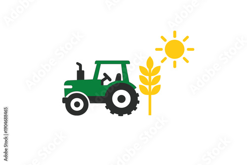 Green tractor works on farm with crop and sun in background during daytime to show agriculture and outdoor activity
