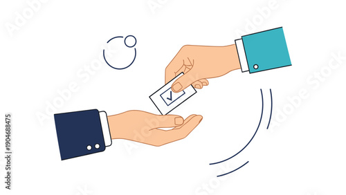 Two hands in business suits exchanging a small card with a checkmark symbol representing a successful vote or a completed transaction.