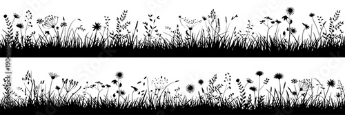 Grass meadow silhouette border with wildflowers and weeds, black floral horizontal frame for nature design, spring field panorama, vector cutout banner
