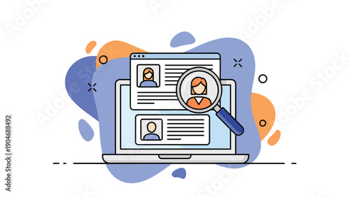 Digital recruitment and hiring concept showing various user profile icons on a laptop screen viewed through a large magnifying glass.