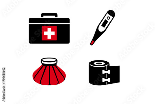 First aid kit, thermometer, syrup bottle, and toilet paper placed together in a simple layout for health and wellness