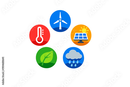 Icons show different types of renewable energy sources and environmental elements together on a white background in simple designs