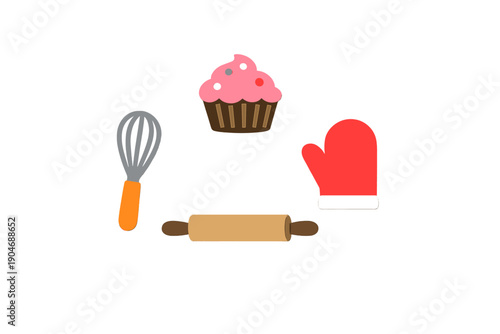 Cupcake baking tools and a tasty cupcake are shown on a white background, illustrating a fun baking activity in a kitchen environment