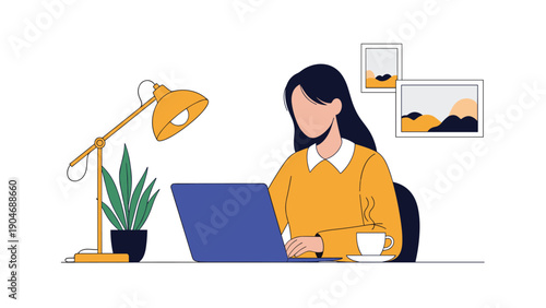 Professional woman working intently on her laptop at a home office desk with a stylish lamp and a cup of steaming hot coffee.