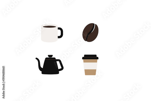 Different coffee items arranged on a white background including a cup, a coffee bean, a kettle, and a takeout cup with a lid