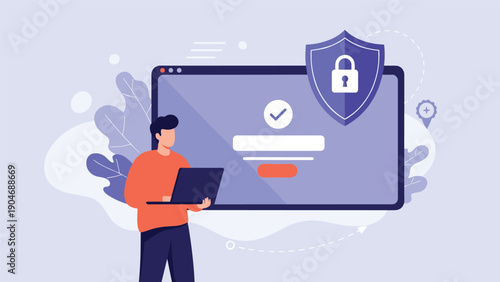 Man holding a laptop computer in front of a large digital screen displaying a shield and padlock symbol for internet cybersecurity.