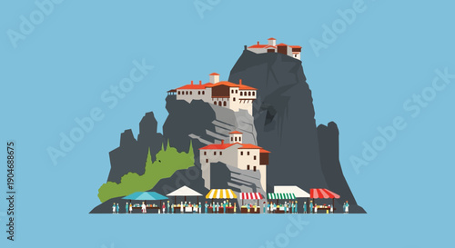 Exquisite Monasteries Perched Atop Rugged Cliffs, A Vibrant Marketplace Below, Capturing Serene Beauty and Bustling Commerce in a Unique Landscape
