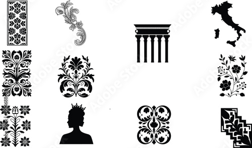 Collection of Italian decorative elements silhouettes including floral ornaments, classical column, Italy map and Renaissance motifs isolated on white background
