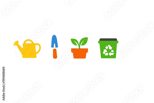 Watering can and garden tools are ready for plant care and waste management in a simple setup for home gardening activities