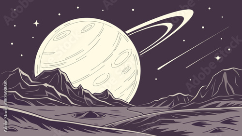 A stylized illustration of a large ringed planet rising above a jagged mountain range in space.