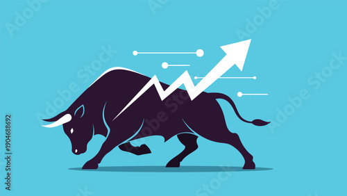 Power and strength of a bullish stock market represented by a large charging bull silhouette with an upward trending arrow line.