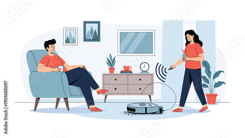 Happy couple enjoying their smart home while a robotic vacuum cleaner automatically tidies up the floor in a modern living room setting.