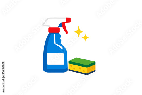 Cleaning supplies placed on a white background with a spray bottle and a sponge ready for use in a home or office cleaning task