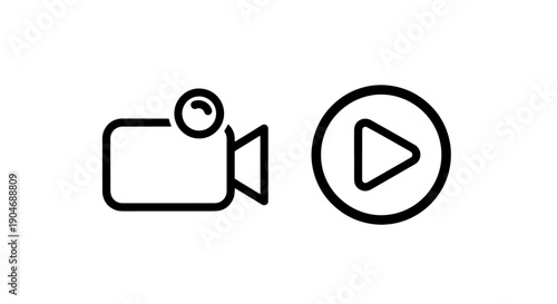 Video Camera Icon Beside Play Button Icon, Simple Outline Graphics for Media and Video Apps
