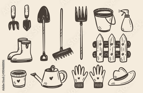 Gardener tools doodle set. Collection of gardening equipments hand drawn illustration. Garden item kits for plant care and backyard cleaning. Shovel, fork, rake, boots, watering can, fence icons.