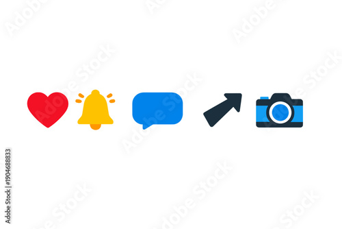 Five simple icons represent actions like liking, getting notifications, messaging, posting content, and taking photos on social media platforms