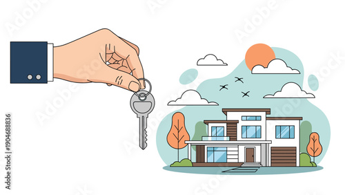 Large hand holding a set of house keys in front of a beautiful modern suburban home under a bright sun with clouds and trees.