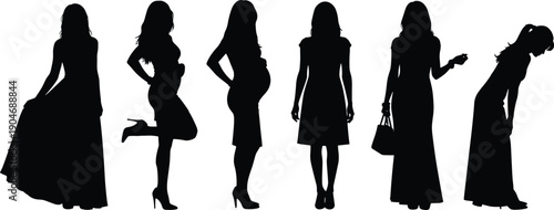 Black silhouette vector set of women in various poses including elegant evening gowns casual dresses and maternity pregnancy wear for fashion and lifestyle design concepts