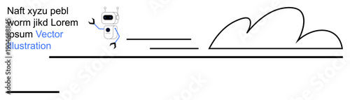 Technology, futuristic design, robotic , abstract art, digital trends, innovation. Minimalist robot next to text and abstract cloud shapes. Technology and futuristic design concept