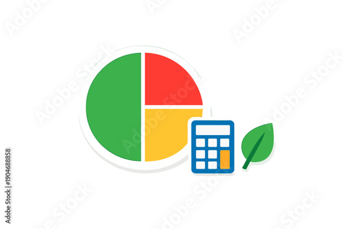 Data visualization shows pie chart and calculator next to green leaf in digital design format on white background