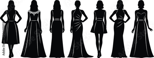 Black silhouette vector set of women in elegant evening gowns and formal dresses for bridal fashion beauty pageant prom and high society event design concepts