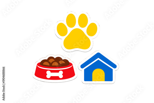 Colorful stickers of a paw print, dog food bowl, and dog house for pet lovers and animal enthusiasts in a playful arrangement