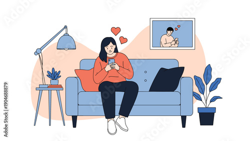 Woman sitting on a blue couch using her smartphone to message a partner whose photo is hanging on the wall of her cozy living room.