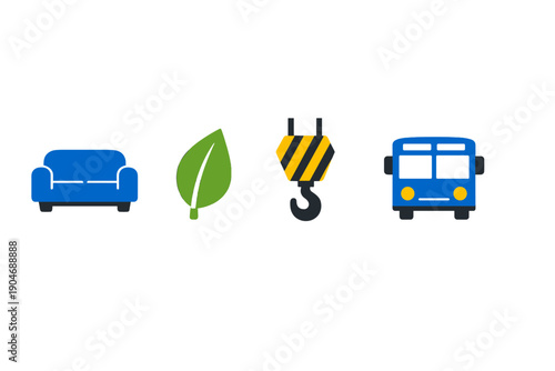 Symbols representing furniture, nature, construction, and transportation in a simple design found in a modern graphic