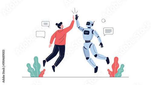 Successful collaboration between a human and an artificial intelligence robot shown by the person and robot high-fiving in the air.