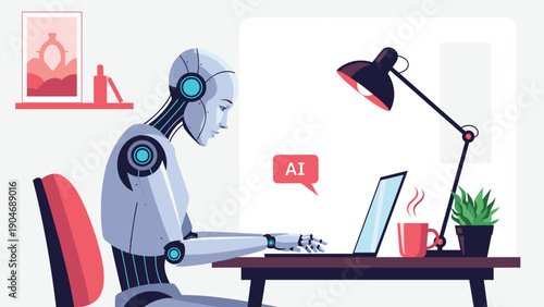 Artificial intelligence robot working on a laptop at a creative office desk with a lamp, coffee cup, and indoor plant for automation concept.