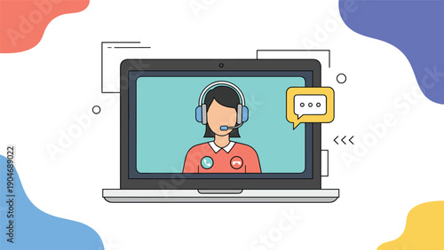 Customer support representative wearing a headset on a laptop screen providing professional assistance through a digital voice call.