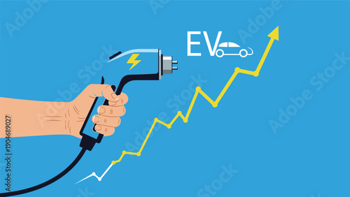 Hand holding electric vehicle charging plug with rising graph and car icon symbolizing growth of the green energy transport market.