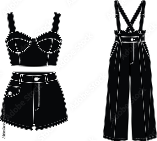 Black silhouette vector set of women's summer fashion apparel including a crop top high waisted shorts and wide leg overalls for clothing design concepts